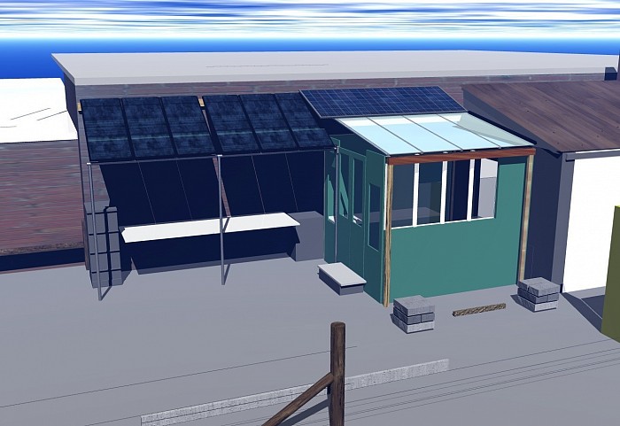 Solar panels installation. (Also designed to act as a lean to, a workshop or an ebike stable) © C Goodland / Beach Thorncombe